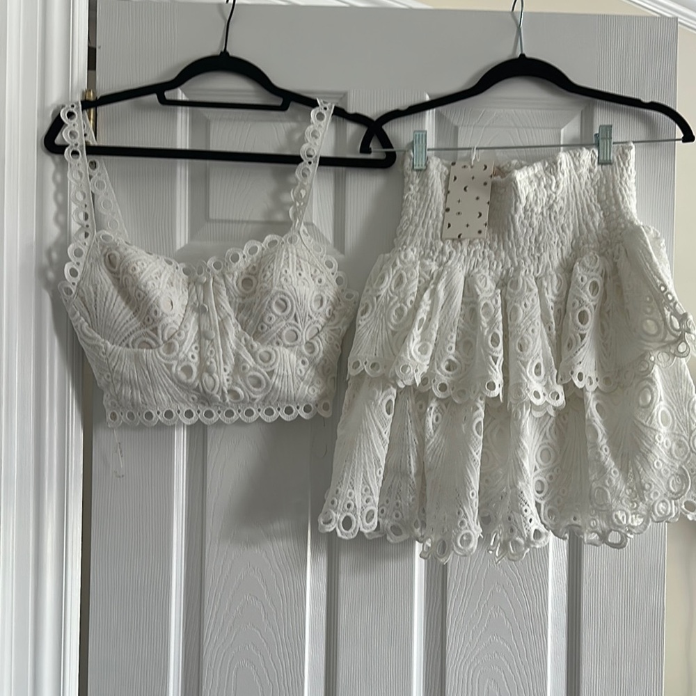 Chic White Eyelet Crop Top and Skirt Set